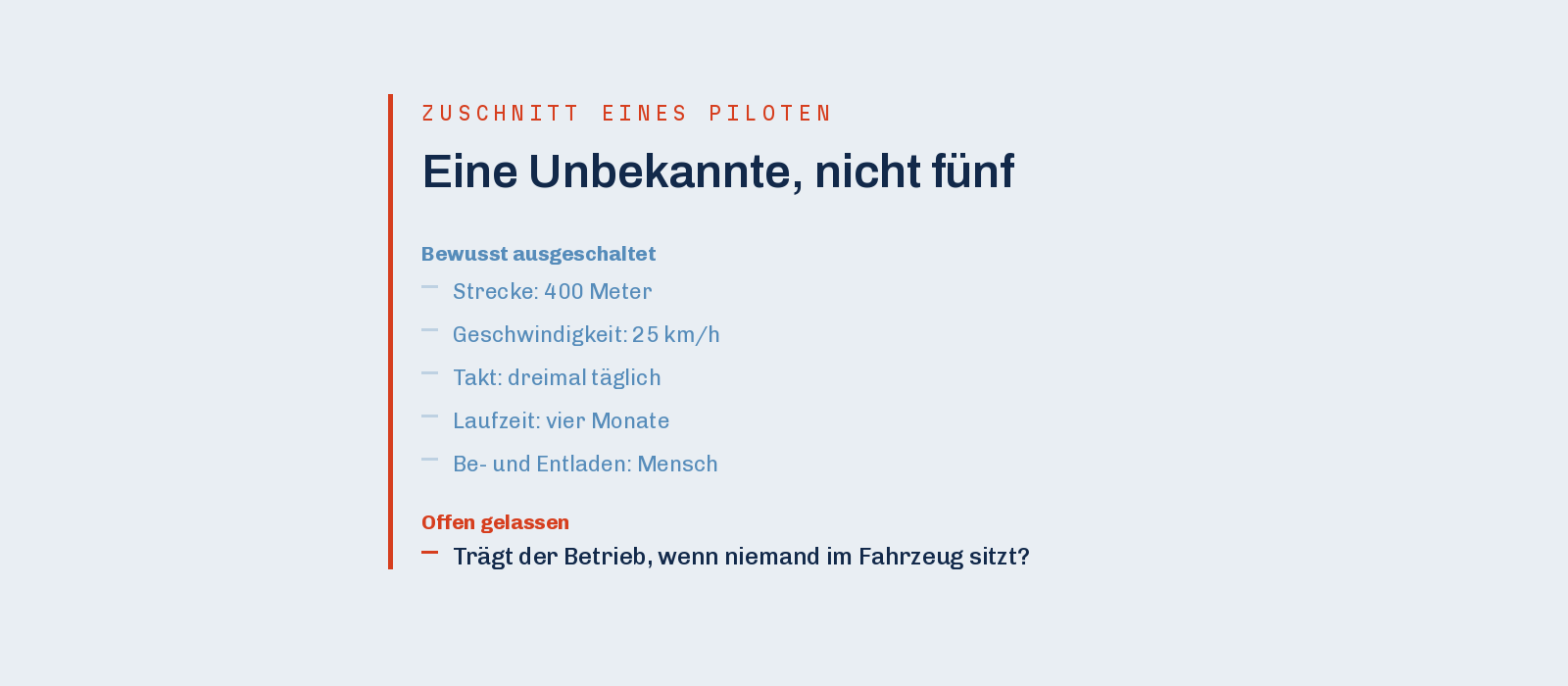 Ein Pilotprojekt aufsetzen heißt Unbekannte ausschalten: Strecke, Geschwindigkeit, Takt und Laufzeit sind festgelegt, offen bleibt eine einzige Frage